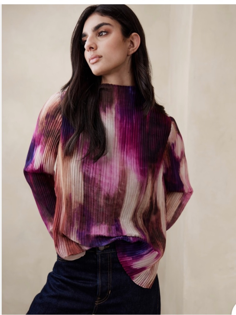 Banana Republic BLANCHE PLEATED TOP IN PURPLE PRINT SZ LARGE